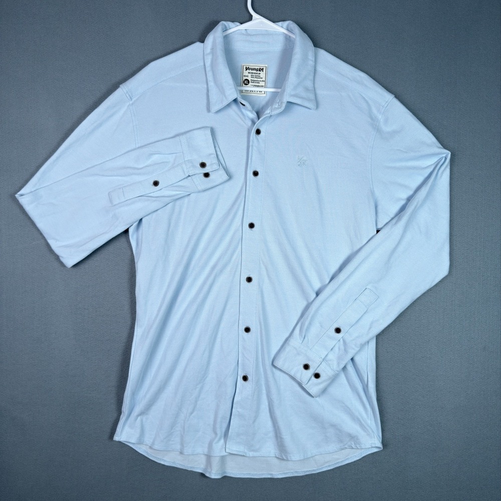 YoungLA Performance Button Up Shirt Men's XL Blue Stretch Athletic Casual